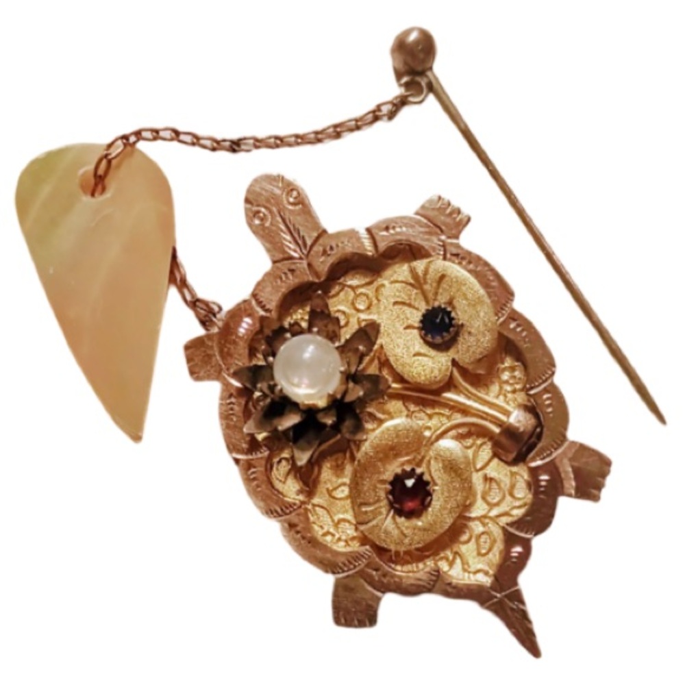 Antique Victorian Gold Filled Floral Turtle Brooch with Pearl and Gem Accents